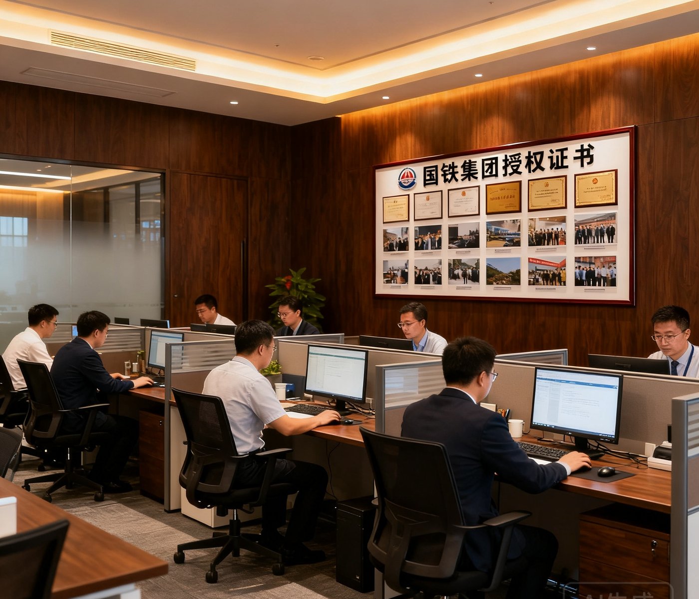 美狮贵宾会广州总部办公区实景，开放式办公空间内数十名员工正在专注工作，背景墙上悬挂着国铁集团授权证书及公司发展历程照片墙，暖色灯光与深木色装修风格彰显稳重专业的企业气质