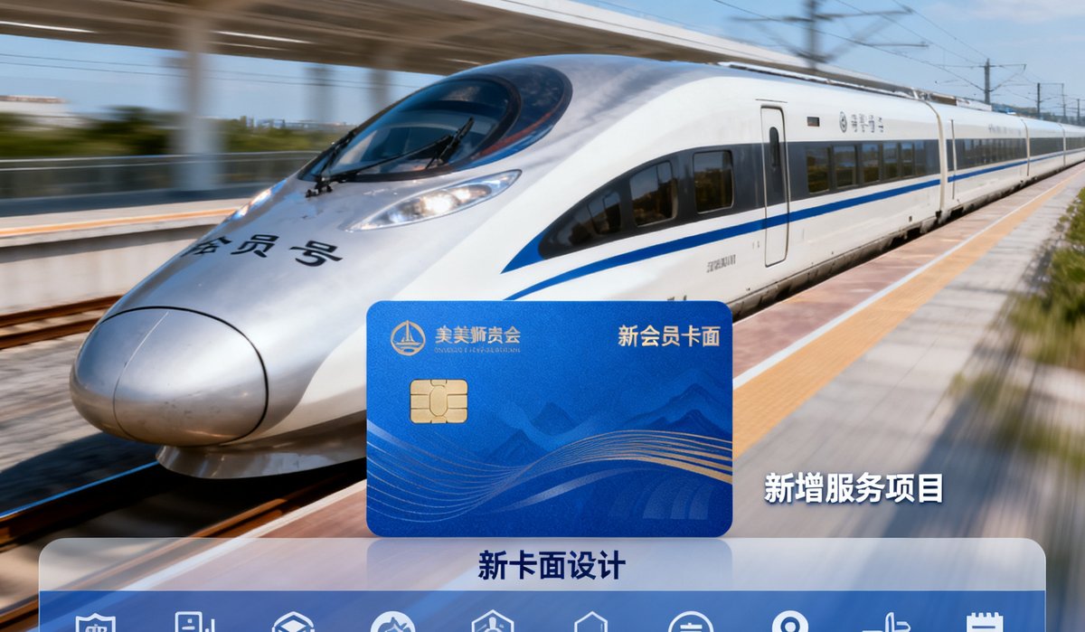 2025年美狮贵宾会服务升级宣传图，画面中展示新的会员卡面设计以及新增服务项目的图标阵列，背景为高铁列车疾驰而过的动感影像