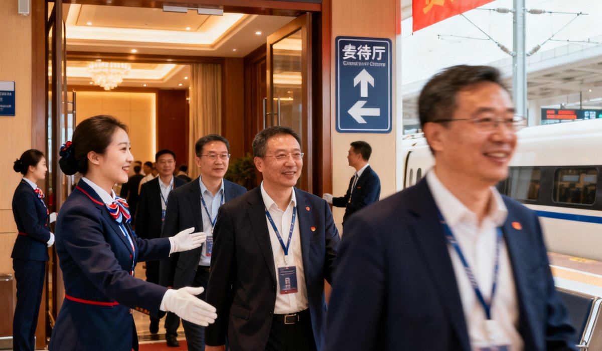 2024年秋季某大型行业论坛的高铁接待现场照片，统一着装的工作人员正在引导参会嘉宾有序进入贵宾厅，背景中可见清晰的引导标识和欢迎横幅