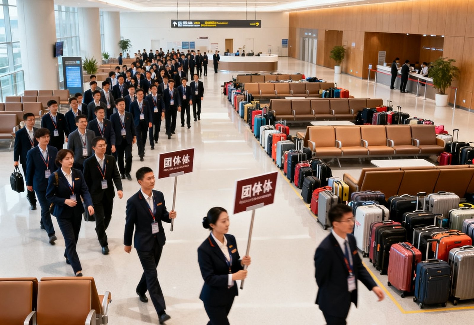 大型会议团组正在贵宾厅内有序候车，统一着装的工作人员手持引导牌穿梭其间，背景中可以看到专门划分的团体休息区域和行李集中存放区