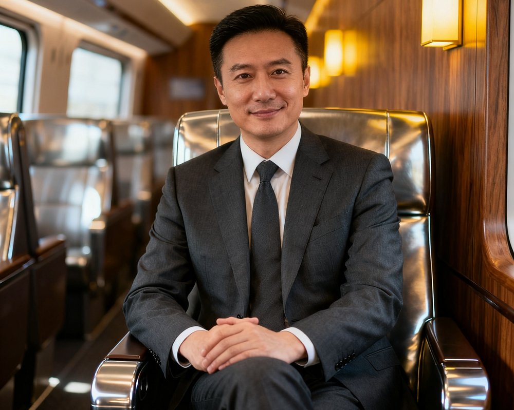 美狮贵宾会创始人兼运营总监的正式商务肖像照，身着深灰色西装，背景为高铁贵宾厅内景，表情沉稳自信，展现出多年高端服务行业历练出的从容气质